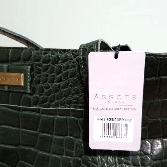 NEW Assots London AGNES Forest Green Croc 100% Leather Satchel Handbag Purse Zip - Picture 4 of 12